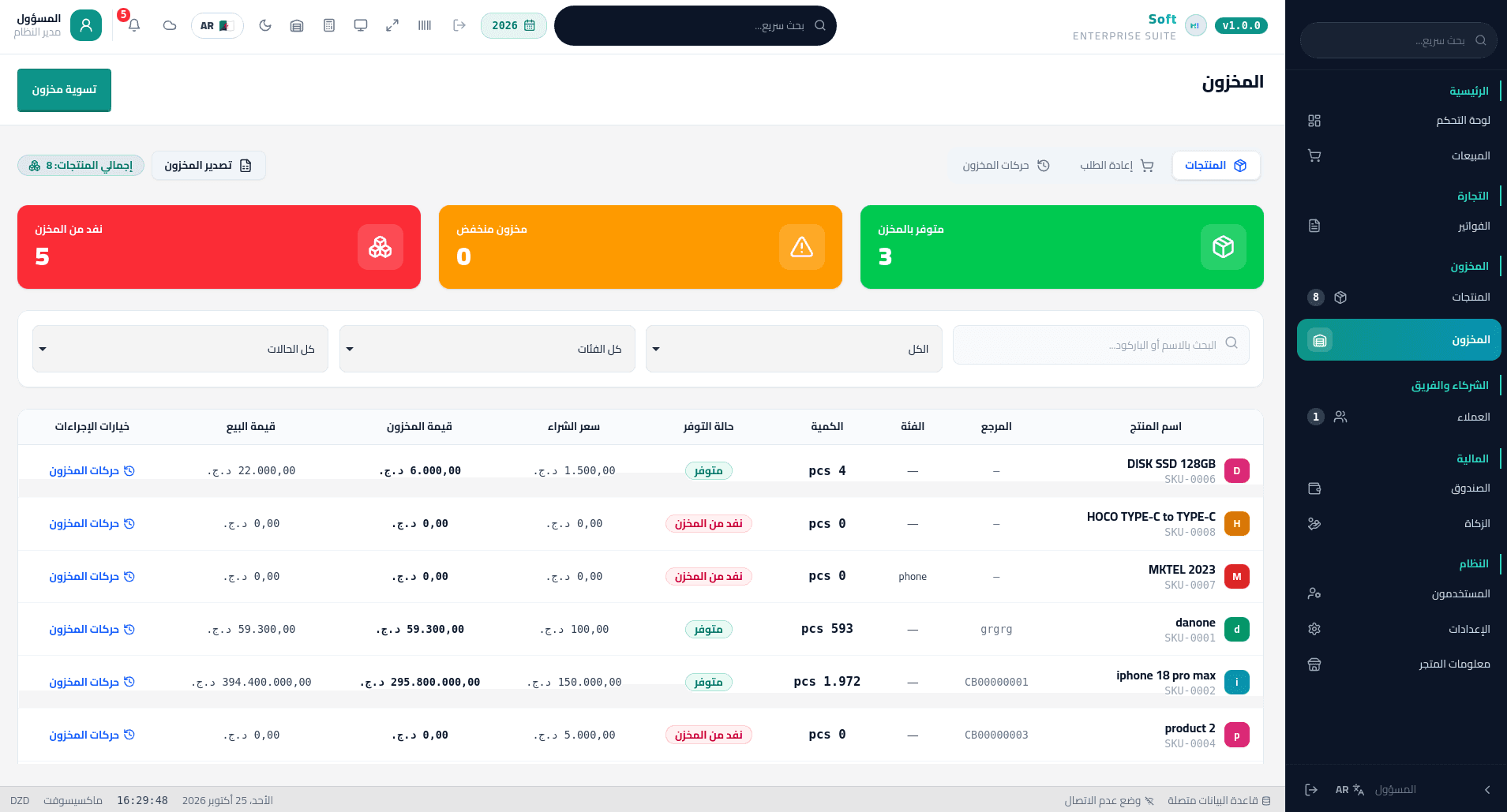 Stock view: out-of-stock, low and available counters, with stock and sale value per product.