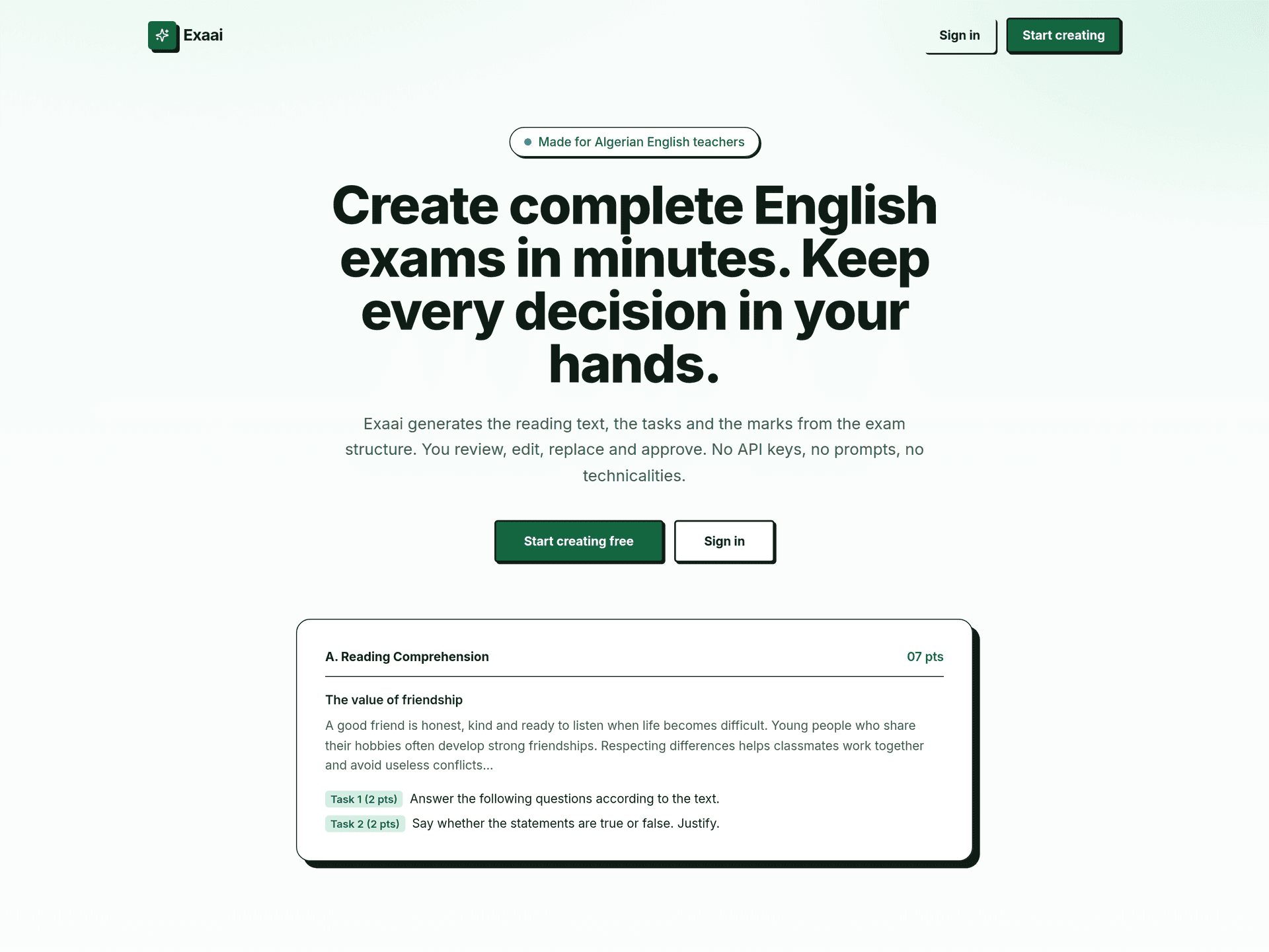 Landing page: the headline "Create complete English exams in minutes", and a preview of a reading-comprehension section with its marks.