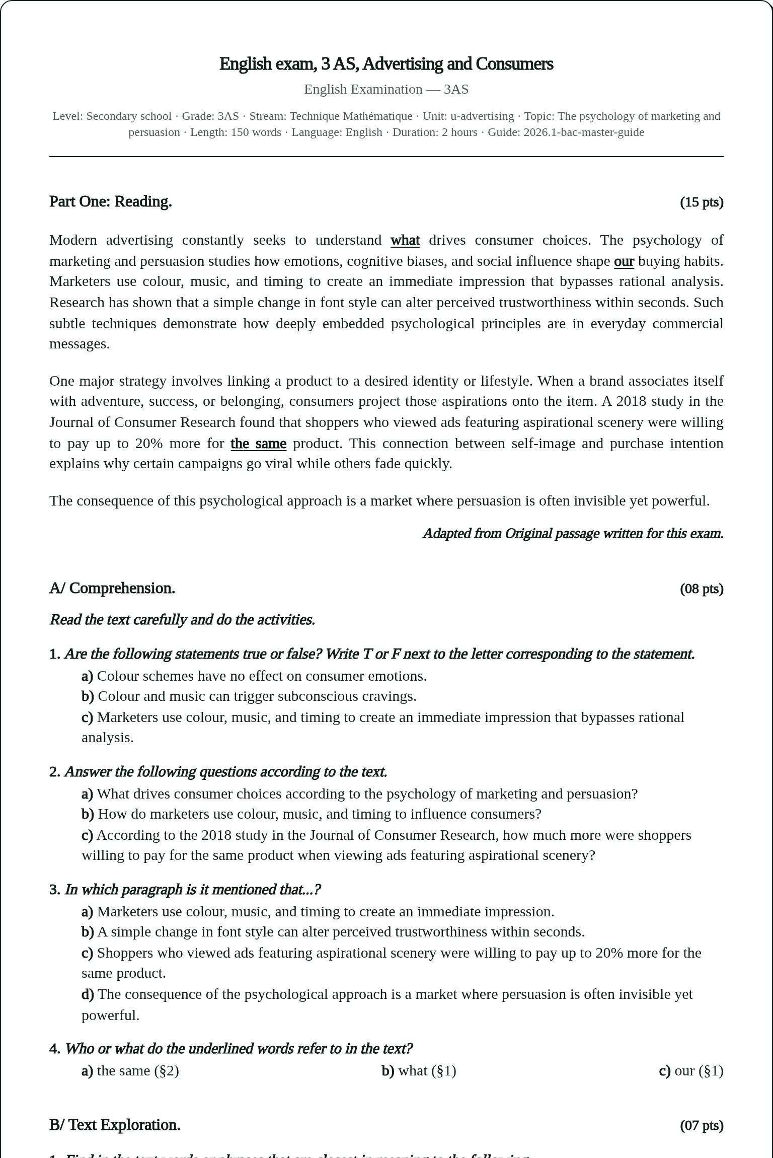 The exported exam paper: institutional header, level and unit metadata, the reading passage, and comprehension tasks carrying their mark allocations.