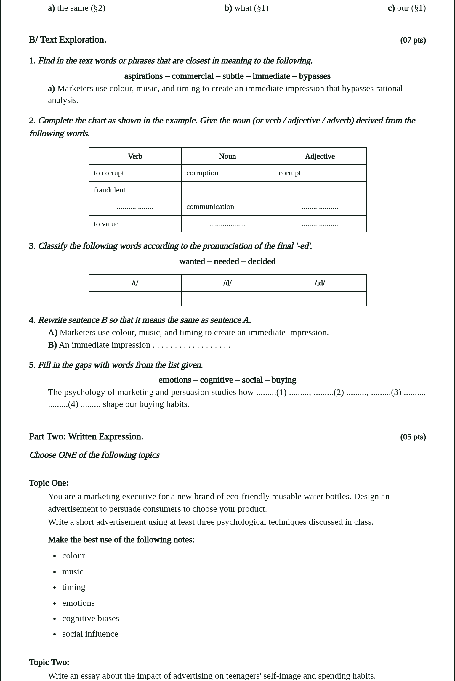 The second half of the paper: text-exploration tasks with a morphology table and an -ed pronunciation sort, then written-expression topics with the notes pupils must use.